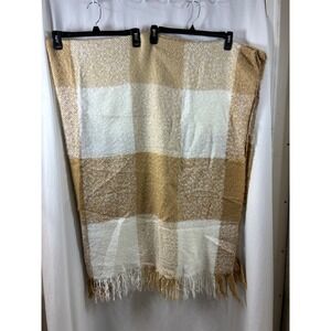 Member's Mark Tan Ivory Buffalo Plaid Oversized Fringed Blanket Wrap
